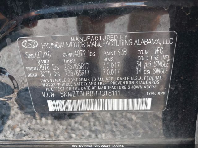 Photo 8 VIN: 5NMZT3LB8HH018111 - HYUNDAI SANTA FE SPORT 