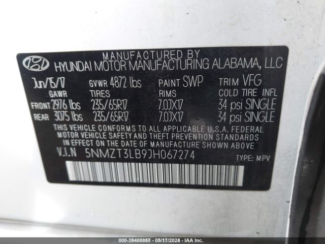 Photo 8 VIN: 5NMZT3LB9JH067274 - HYUNDAI SANTA FE SPORT 