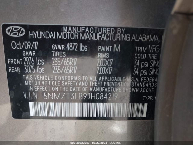 Photo 8 VIN: 5NMZT3LB9JH084219 - HYUNDAI SANTA FE SPORT 