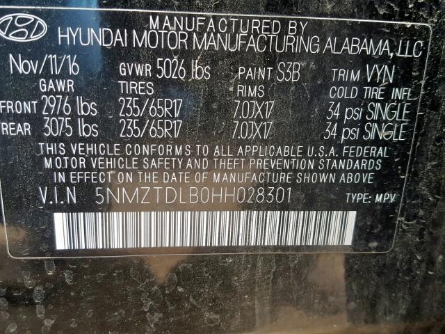 Photo 9 VIN: 5NMZTDLB0HH028301 - HYUNDAI SANTA FE S 