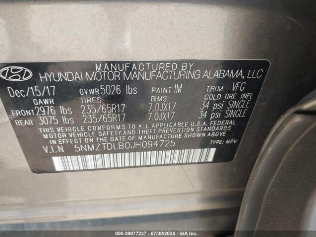 Photo 8 VIN: 5NMZTDLB0JH094725 - HYUNDAI SANTA FE SPORT 