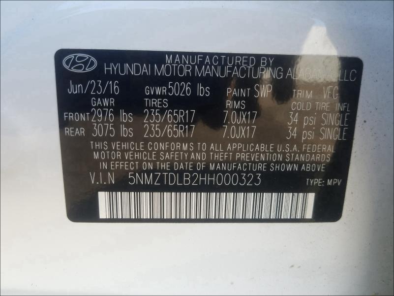 Photo 9 VIN: 5NMZTDLB2HH000323 - HYUNDAI SANTA FE S 