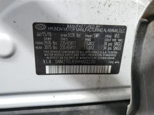 Photo 12 VIN: 5NMZTDLB2HH002220 - HYUNDAI SANTA FE S 