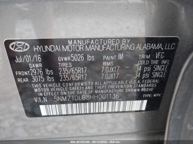 Photo 8 VIN: 5NMZTDLB8HH001136 - HYUNDAI SANTA FE SPORT 