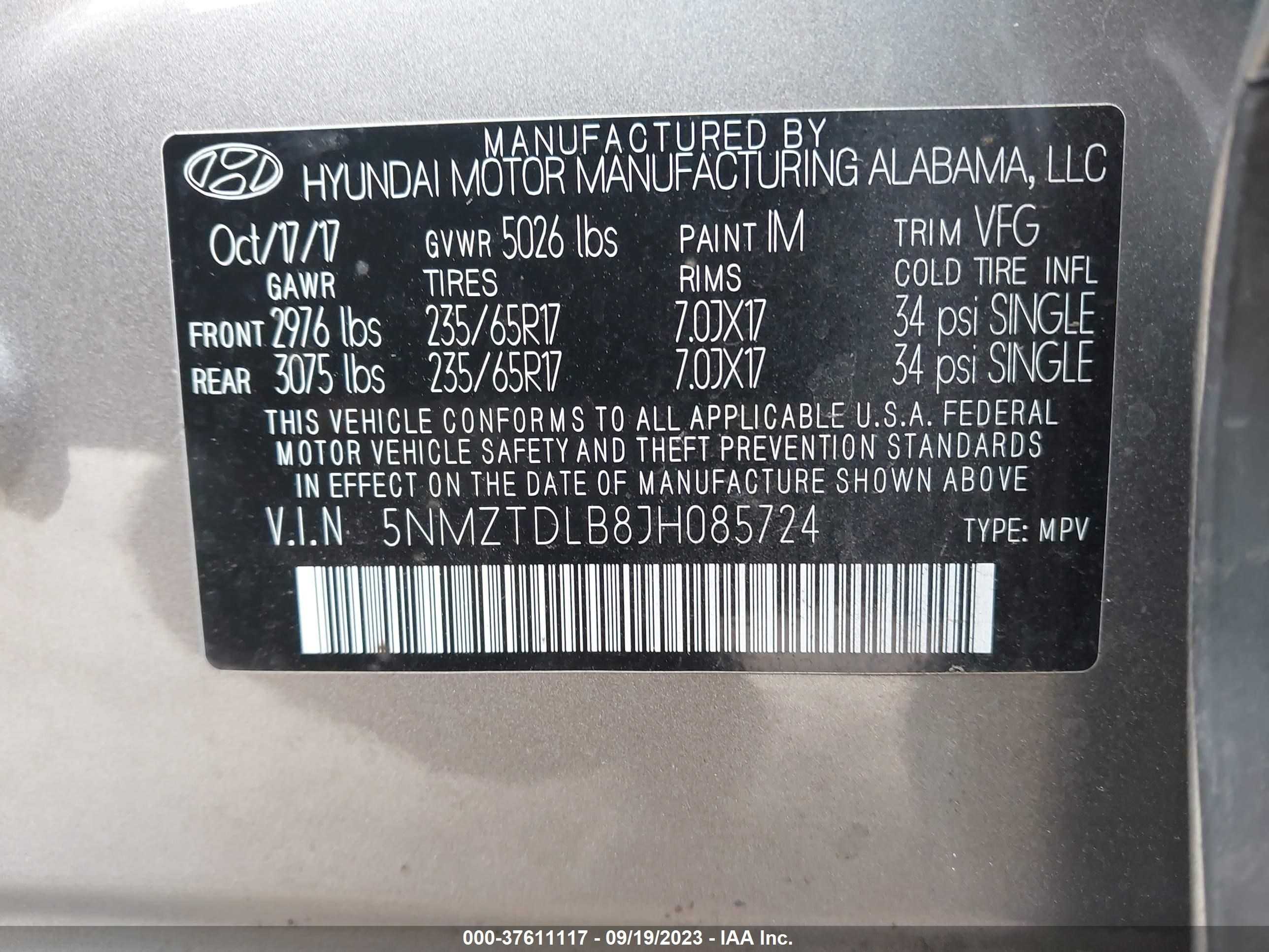 Photo 8 VIN: 5NMZTDLB8JH085724 - HYUNDAI SANTA FE 