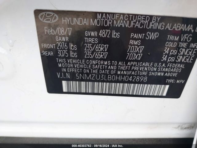 Photo 8 VIN: 5NMZU3LB0HH042898 - HYUNDAI SANTA FE SPORT 