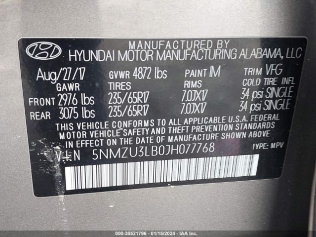 Photo 8 VIN: 5NMZU3LB0JH077768 - HYUNDAI SANTA FE SPORT 