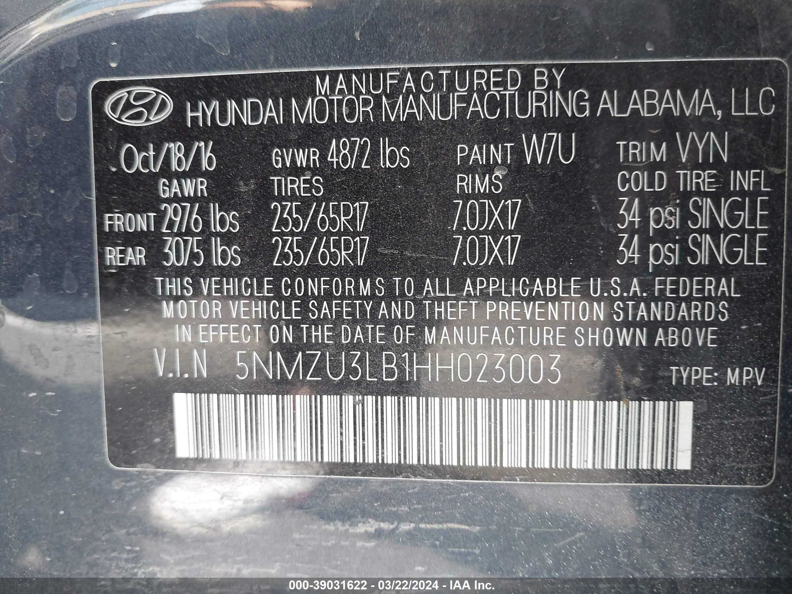 Photo 8 VIN: 5NMZU3LB1HH023003 - HYUNDAI SANTA FE 