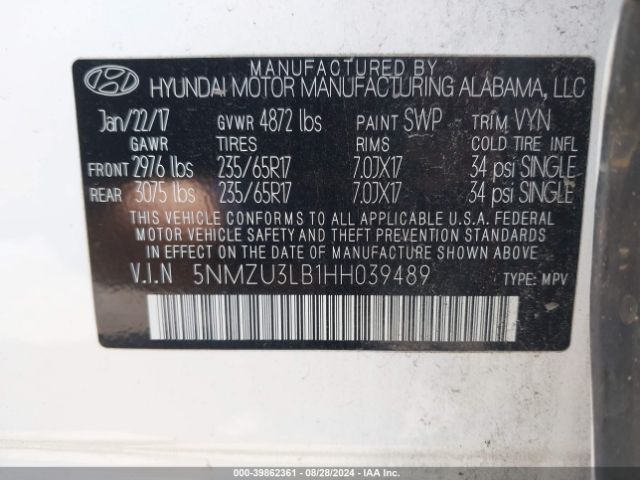 Photo 8 VIN: 5NMZU3LB1HH039489 - HYUNDAI SANTA FE SPORT 