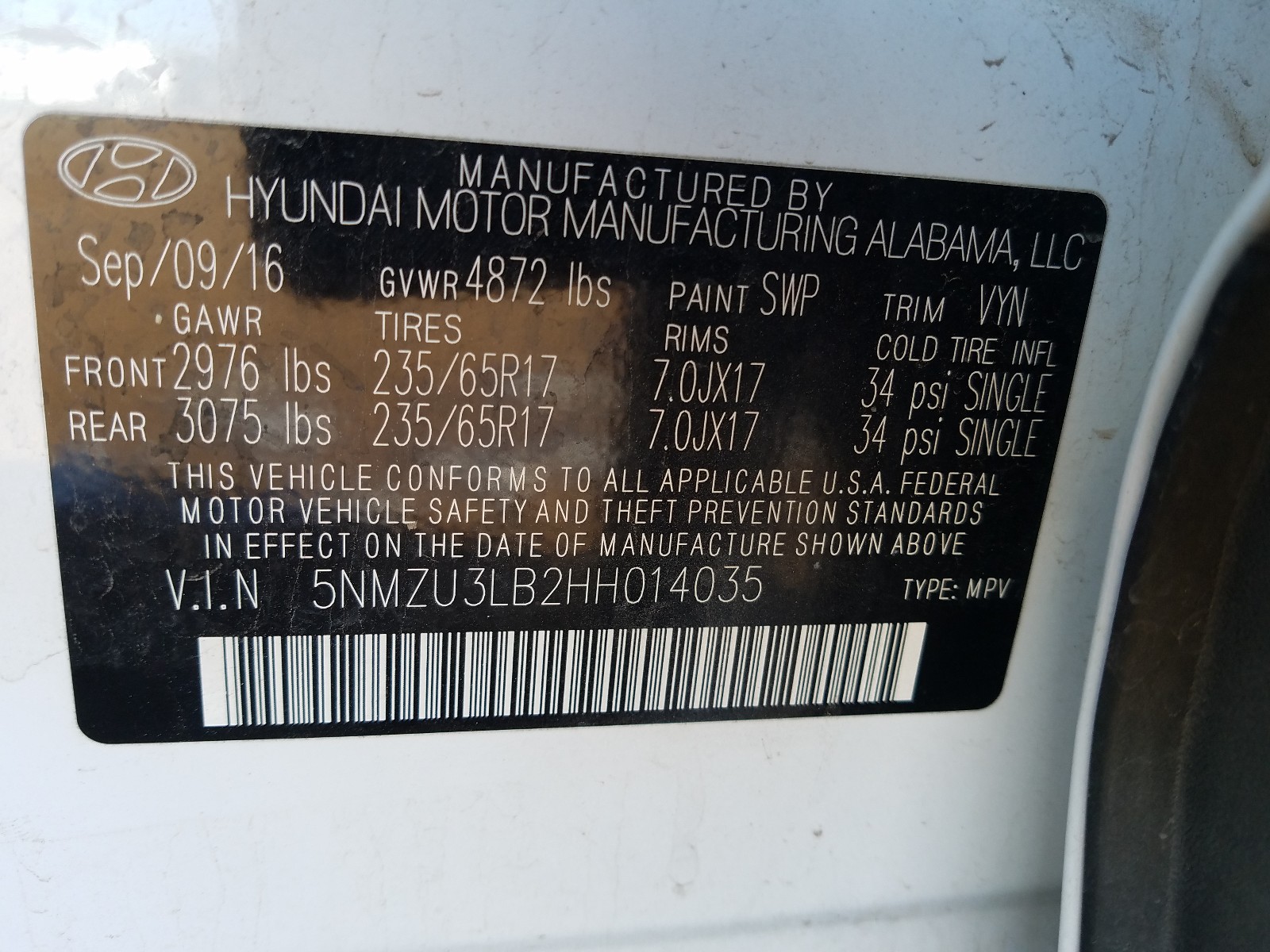 Photo 9 VIN: 5NMZU3LB2HH014035 - HYUNDAI SANTA FE S 