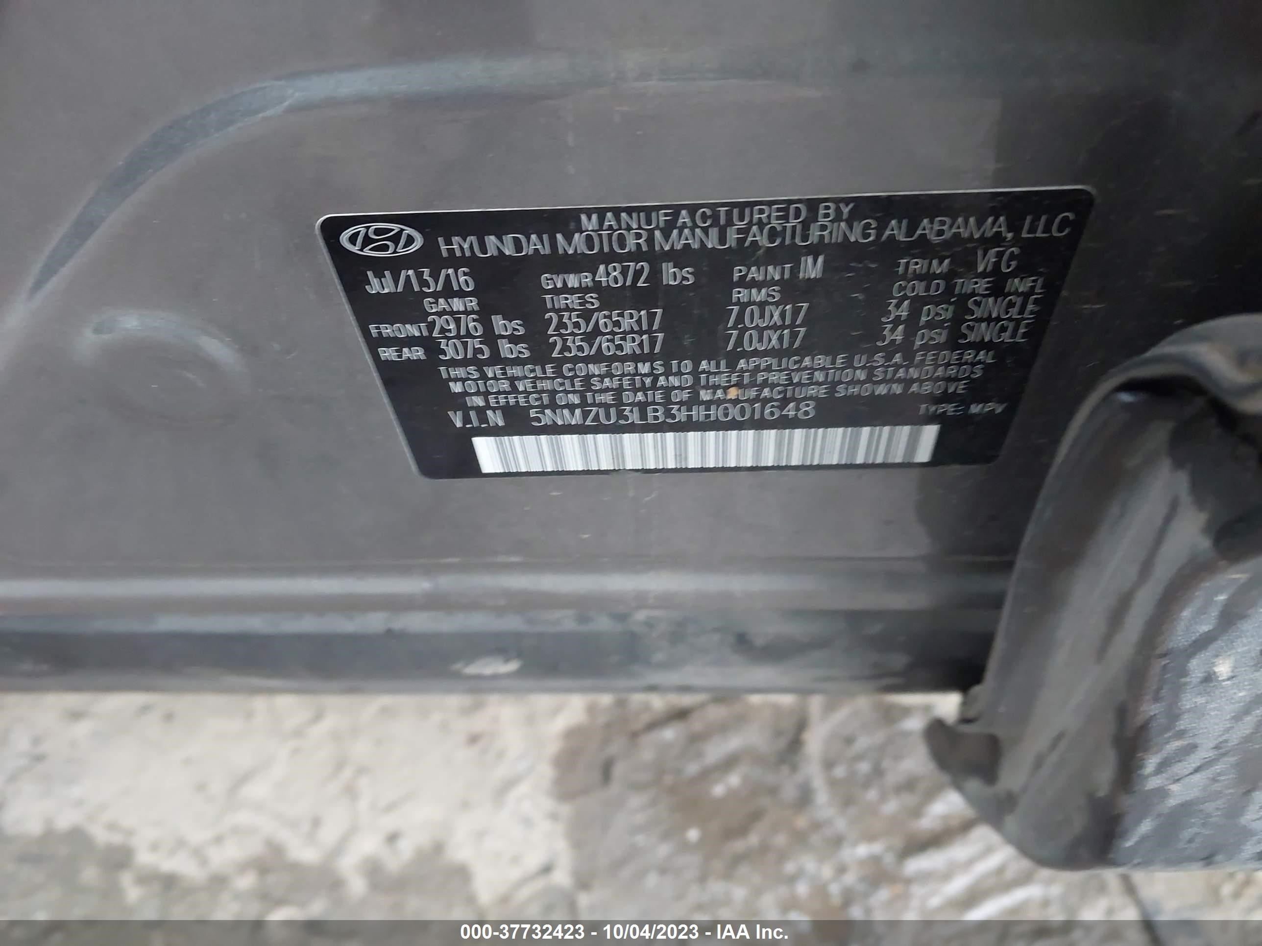 Photo 8 VIN: 5NMZU3LB3HH001648 - HYUNDAI SANTA FE 