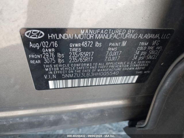 Photo 8 VIN: 5NMZU3LB3HH005540 - HYUNDAI SANTA FE SPORT 