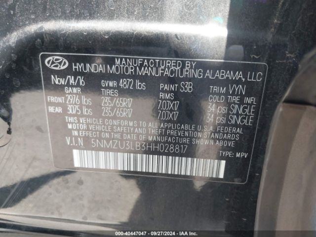 Photo 8 VIN: 5NMZU3LB3HH028817 - HYUNDAI SANTA FE SPORT 