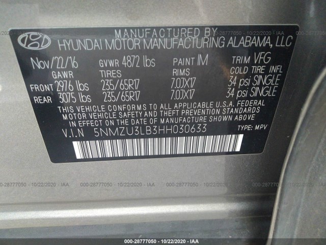 Photo 8 VIN: 5NMZU3LB3HH030633 - HYUNDAI SANTA-FE 