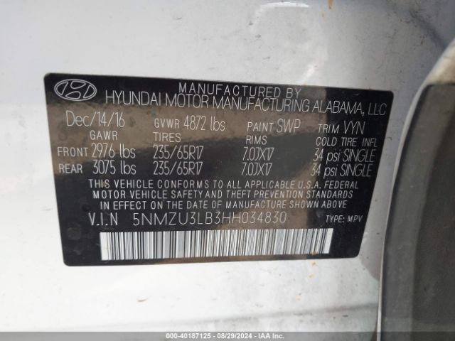 Photo 8 VIN: 5NMZU3LB3HH034830 - HYUNDAI SANTA FE SPORT 