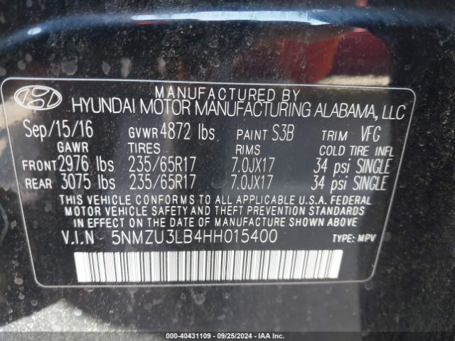 Photo 8 VIN: 5NMZU3LB4HH015400 - HYUNDAI SANTA FE SPORT 