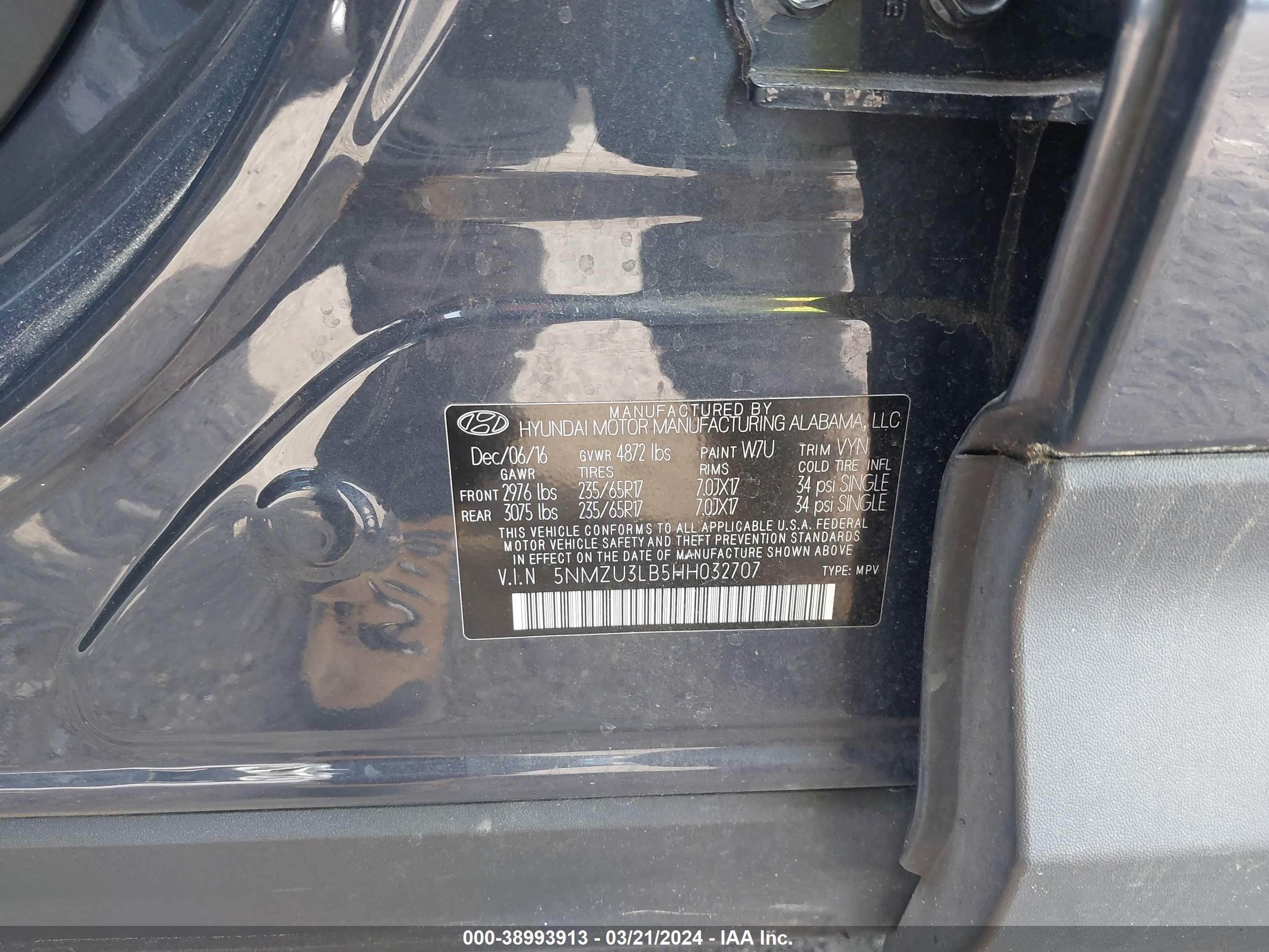 Photo 8 VIN: 5NMZU3LB5HH032707 - HYUNDAI SANTA FE 