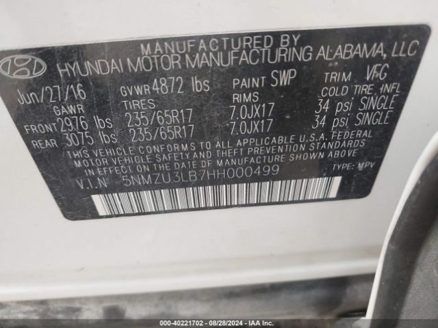 Photo 8 VIN: 5NMZU3LB7HH000499 - HYUNDAI SANTA FE SPORT 