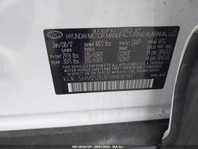 Photo 8 VIN: 5NMZU3LB7HH037147 - HYUNDAI SANTA FE SPORT 