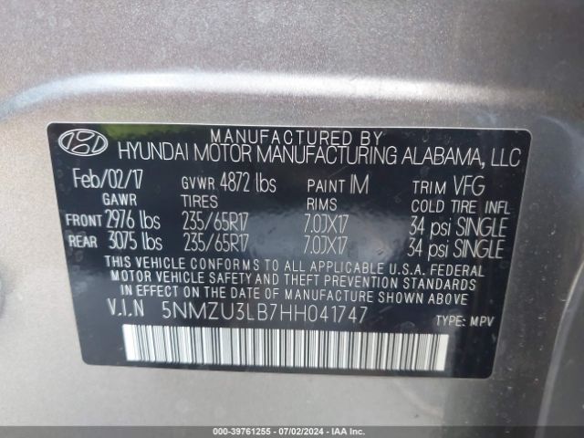 Photo 8 VIN: 5NMZU3LB7HH041747 - HYUNDAI SANTA FE SPORT 