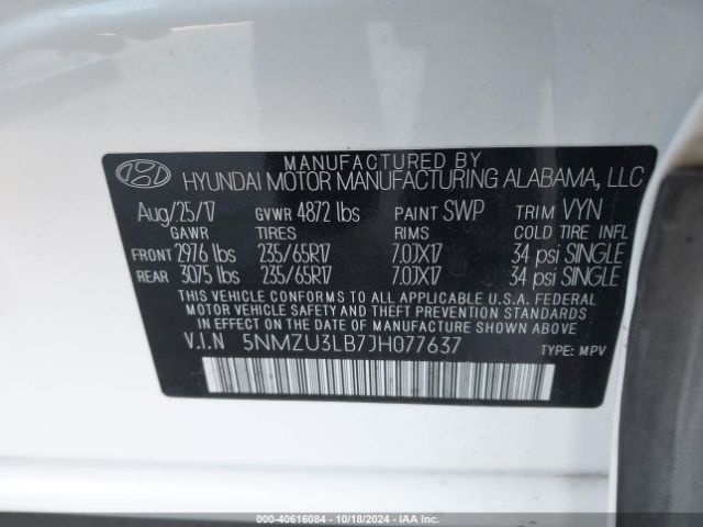 Photo 8 VIN: 5NMZU3LB7JH077637 - HYUNDAI SANTA FE SPORT 