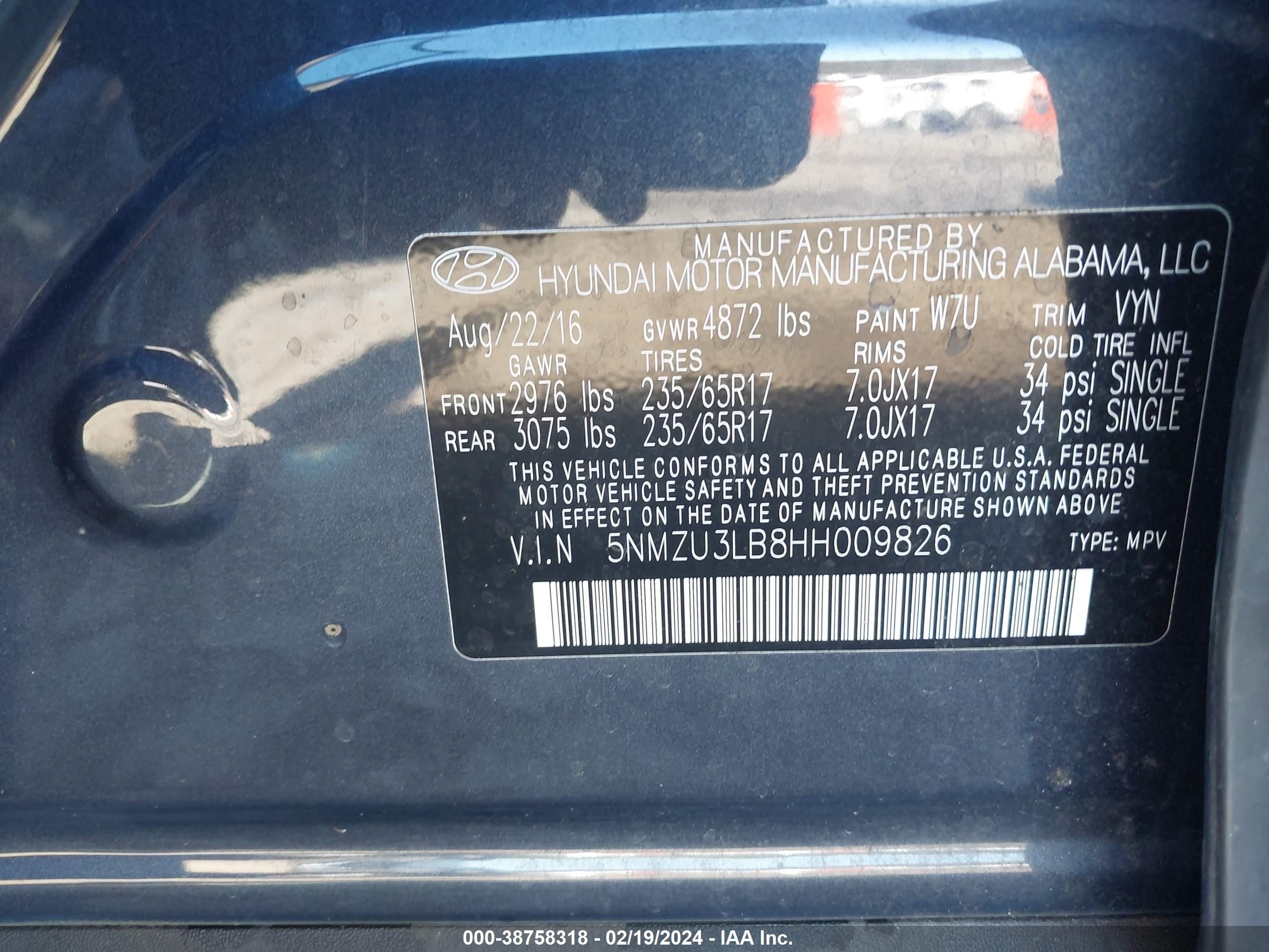 Photo 8 VIN: 5NMZU3LB8HH009826 - HYUNDAI SANTA FE 