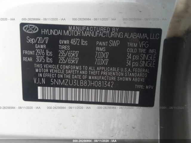 Photo 8 VIN: 5NMZU3LB8JH081342 - HYUNDAI SANTA FE SPORT 