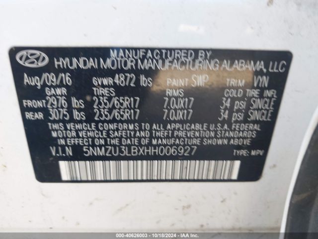 Photo 8 VIN: 5NMZU3LBXHH006927 - HYUNDAI SANTA FE SPORT 