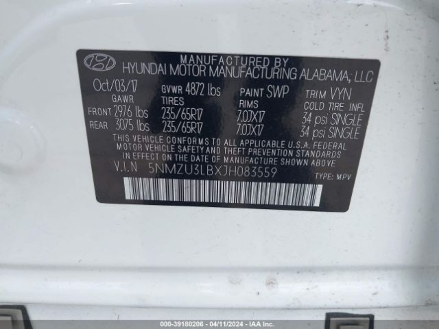 Photo 8 VIN: 5NMZU3LBXJH083559 - HYUNDAI SANTA FE SPORT 