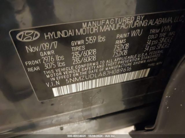 Photo 8 VIN: 5NMZUDLA8JH089616 - HYUNDAI SANTA FE SPORT 