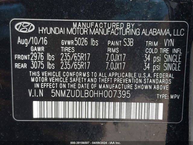 Photo 8 VIN: 5NMZUDLB0HH007395 - HYUNDAI SANTA FE SPORT 