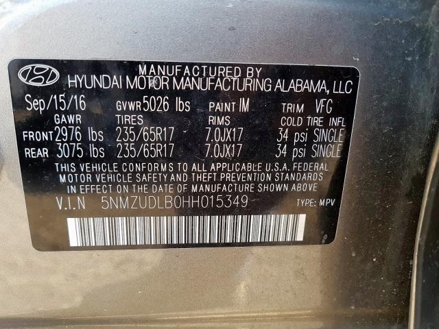 Photo 9 VIN: 5NMZUDLB0HH015349 - HYUNDAI SANTA FE 