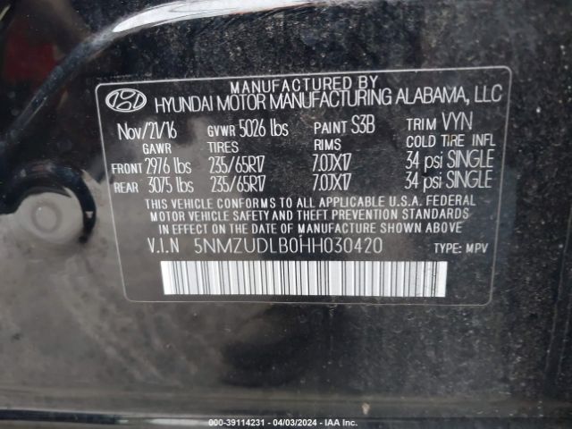 Photo 8 VIN: 5NMZUDLB0HH030420 - HYUNDAI SANTA FE SPORT 