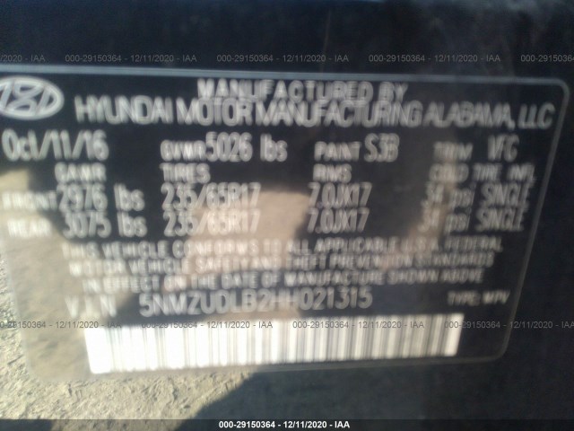 Photo 8 VIN: 5NMZUDLB2HH021315 - HYUNDAI SANTA-FE 