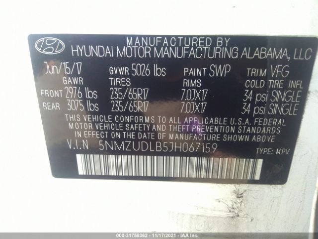 Photo 8 VIN: 5NMZUDLB5JH067159 - HYUNDAI SANTA FE 