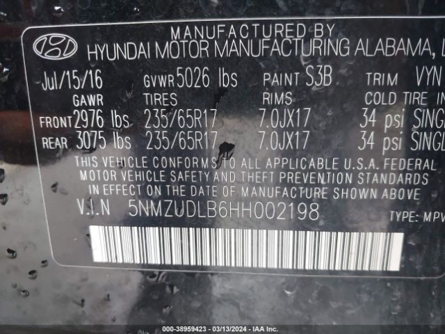 Photo 8 VIN: 5NMZUDLB6HH002198 - HYUNDAI SANTA FE SPORT 