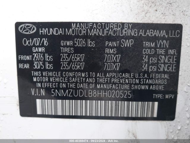 Photo 8 VIN: 5NMZUDLB8HH020525 - HYUNDAI SANTA FE SPORT 