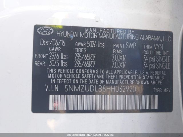 Photo 8 VIN: 5NMZUDLB8HH032920 - HYUNDAI SANTA FE SPORT 