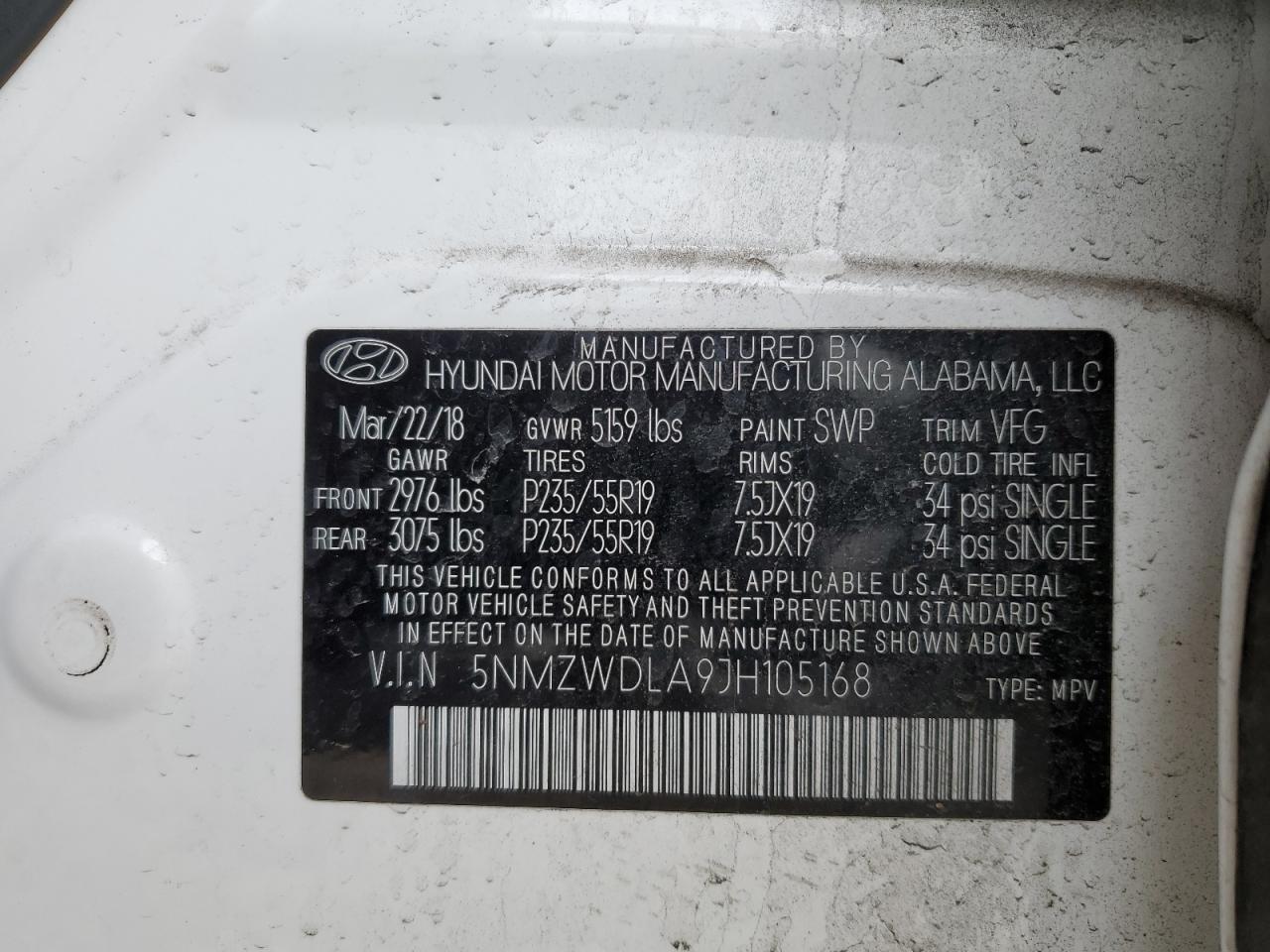 Photo 11 VIN: 5NMZWDLA9JH105168 - HYUNDAI SANTA FE 