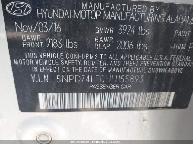 Photo 8 VIN: 5NPD74LF0HH155893 - HYUNDAI ELANTRA 