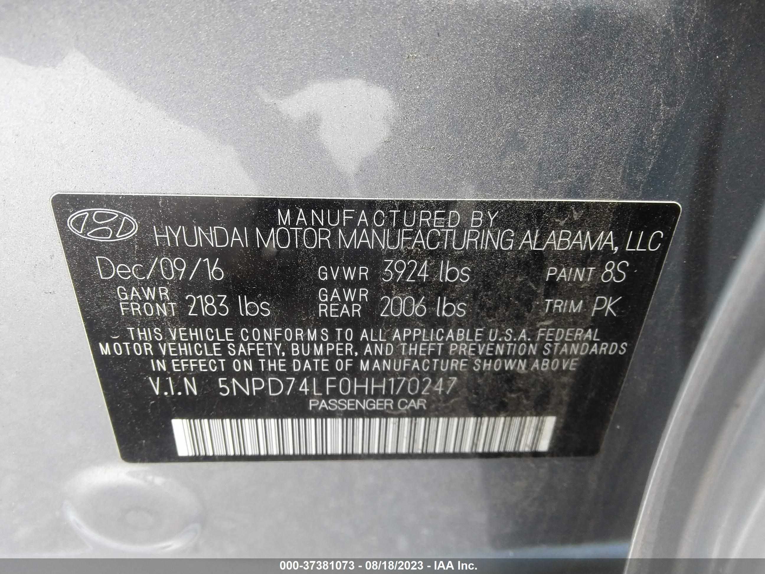 Photo 8 VIN: 5NPD74LF0HH170247 - HYUNDAI ELANTRA 