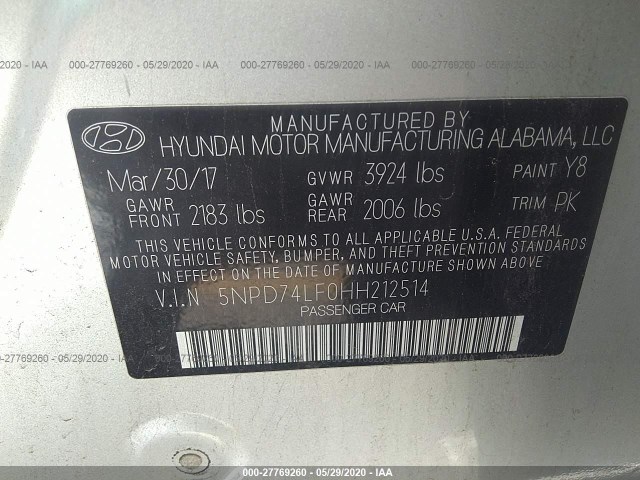 Photo 8 VIN: 5NPD74LF0HH212514 - HYUNDAI ELANTRA 