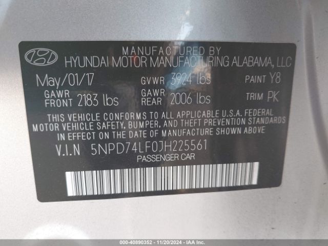 Photo 8 VIN: 5NPD74LF0JH225561 - HYUNDAI ELANTRA 