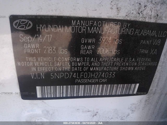 Photo 8 VIN: 5NPD74LF0JH274033 - HYUNDAI ELANTRA 