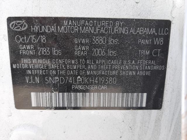 Photo 9 VIN: 5NPD74LF0KH419380 - HYUNDAI ELANTRA SE 