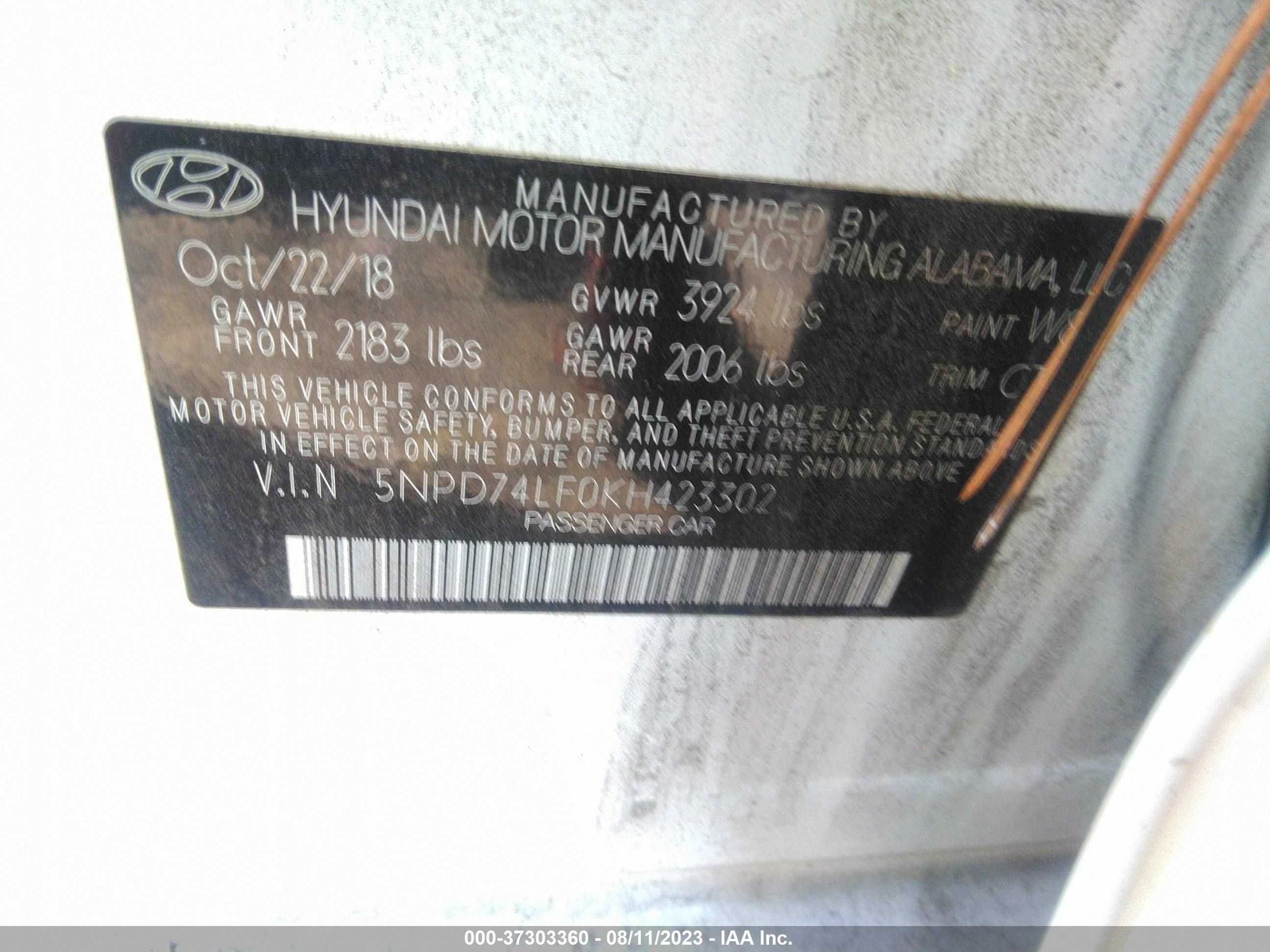 Photo 8 VIN: 5NPD74LF0KH423302 - HYUNDAI ELANTRA 