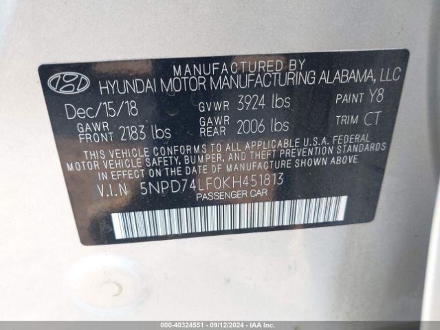 Photo 8 VIN: 5NPD74LF0KH451813 - HYUNDAI ELANTRA 