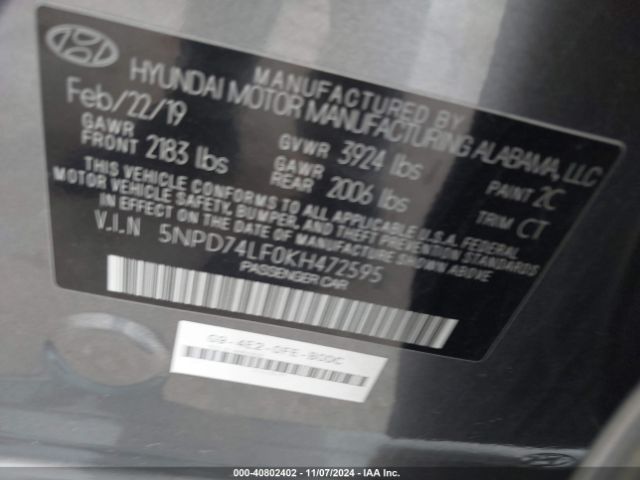 Photo 8 VIN: 5NPD74LF0KH472595 - HYUNDAI ELANTRA 