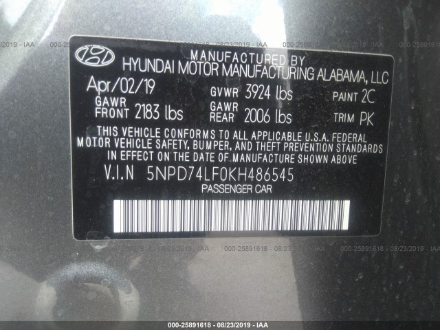 Photo 8 VIN: 5NPD74LF0KH486545 - HYUNDAI ELANTRA 