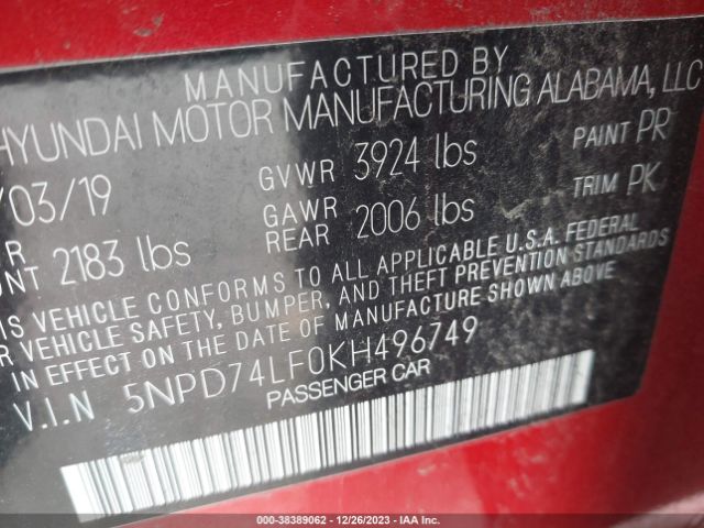 Photo 8 VIN: 5NPD74LF0KH496749 - HYUNDAI ELANTRA 